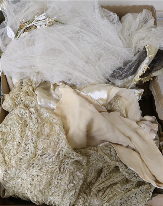 Two ornate babys 19th century christening capes, a silk and lace wedding train, waxed headdress and veil